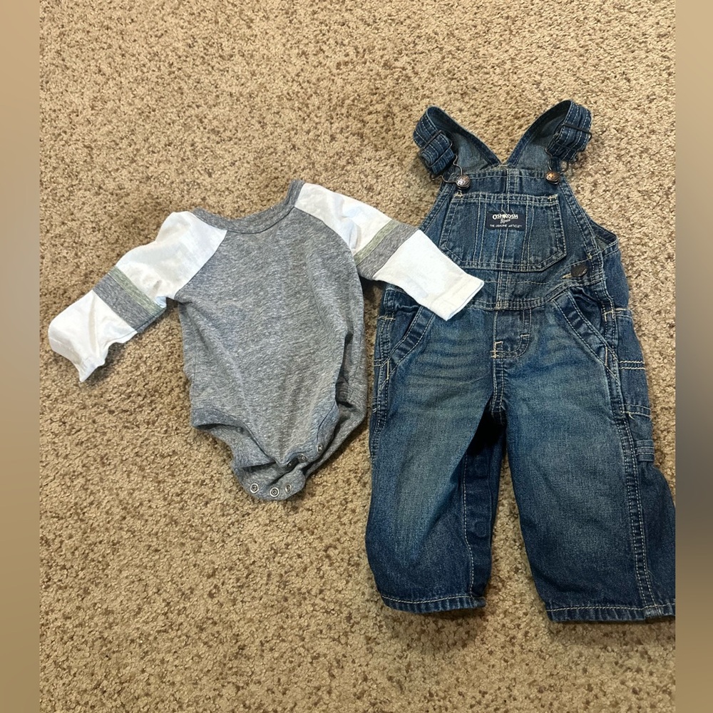 Oshkosh Blue Denim Overalls and Gray Bodysuit Set